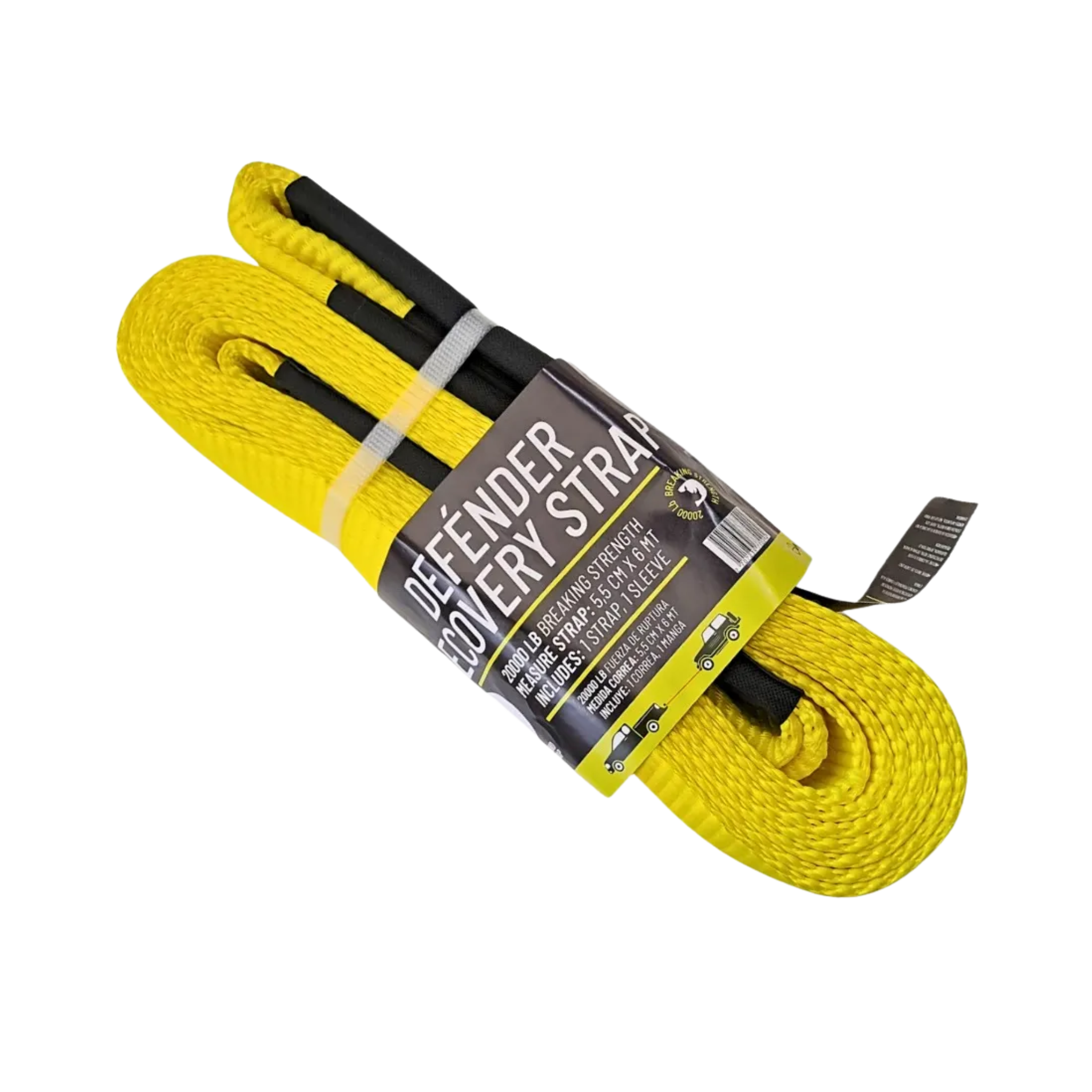 Correa de amarre tipo eslinga Defénder de 5.5 cm x 6 m, fuerza de ruptura de 20,000 lb, ideal para cargas pesadas con máxima resistencia y durabilidad.

