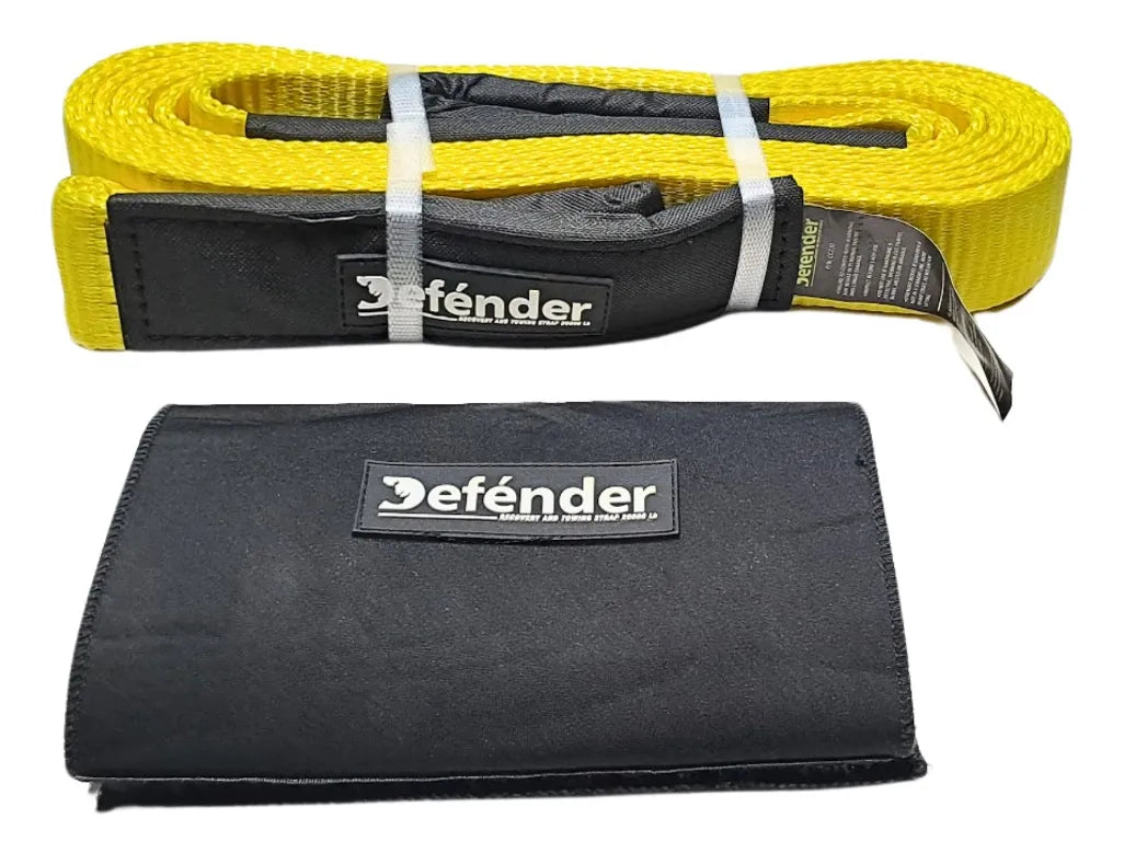 Correa de amarre tipo eslinga Defénder de 5.5 cm x 6 m, fuerza de ruptura de 20,000 lb, ideal para cargas pesadas con máxima resistencia y durabilidad.