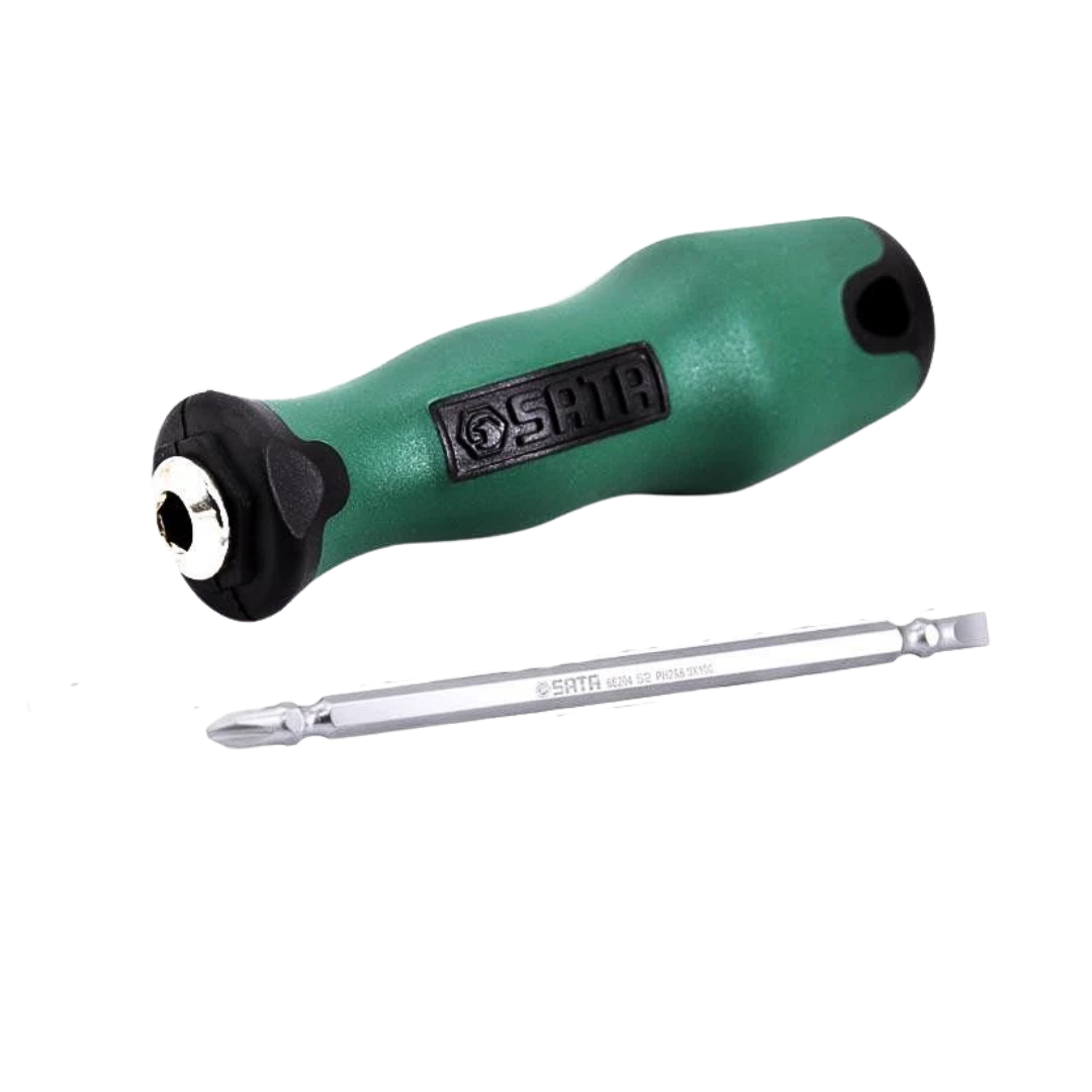 destornillador cabeza doble sata, destornillador reversible 2x6mm, destornillador 2 en 1, destornillador plano y phillips, herramientas compactas, destornillador profesional, herramientas SATA, destornillador ergonómico, destornillador versátil, herramienta de precisión, destornillador doble punta