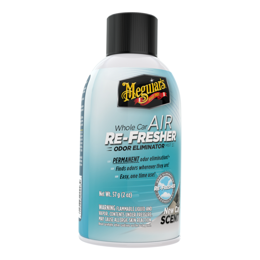 Meguiar’s Air Re-Fresher Mist elimina malos olores y deja fragancia a auto nuevo. Fácil de usar, penetra el sistema de ventilación. Aroma duradero.