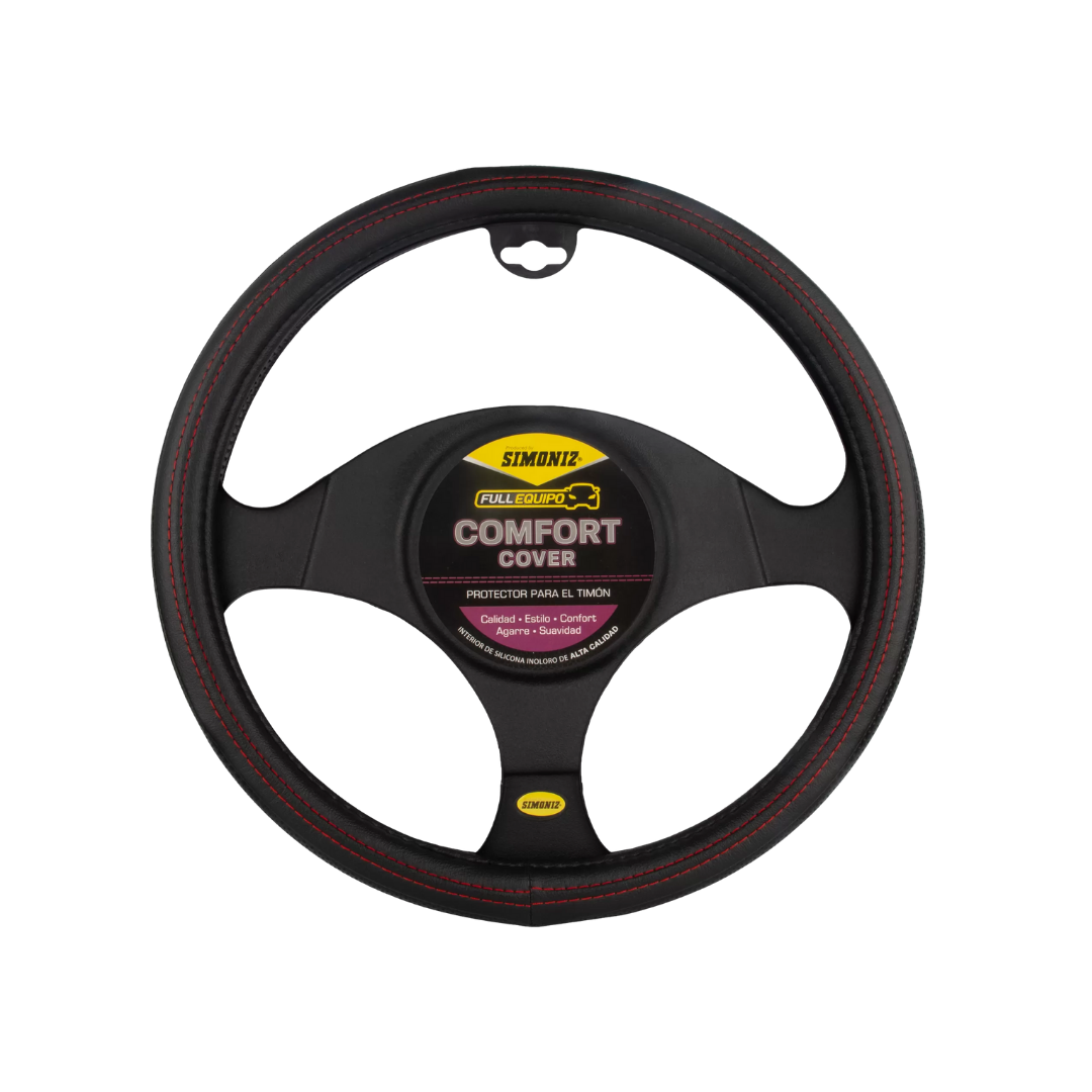 forro cabrilla negro rojo, forro cabrilla simoniz, protector timón carro, forro volante deportivo, funda volante negra costuras rojas, cubierta volante pvc, accesorio interior carro, forro ergonómico timón, protector volante antidesgaste, accesorios deportivos carro