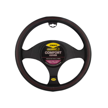 forro cabrilla negro rojo, forro cabrilla simoniz, protector timón carro, forro volante deportivo, funda volante negra costuras rojas, cubierta volante pvc, accesorio interior carro, forro ergonómico timón, protector volante antidesgaste, accesorios deportivos carro