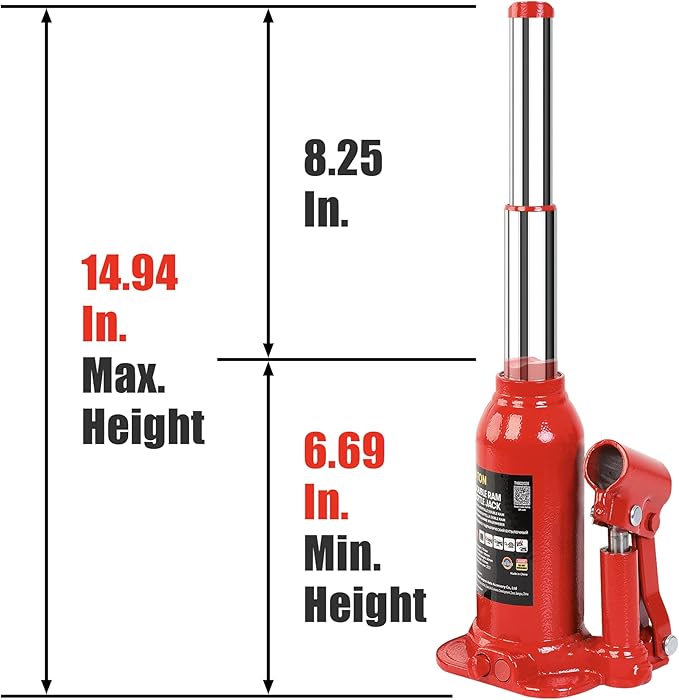 Gato hidráulico tipo botella de 2 toneladas. Levanta vehículos con seguridad y facilidad. Resistente, compacto y fácil de usar.