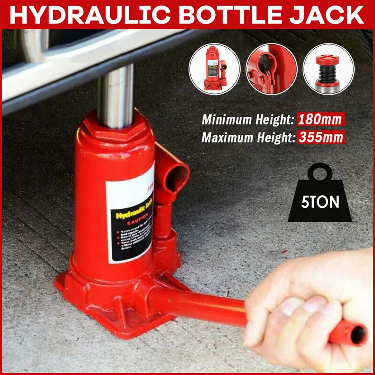 gato hidráulico 5 toneladas, gato tipo botella, herramienta mecánica, elevador de carros, gato para carro, gato taller automotriz, gato resistente