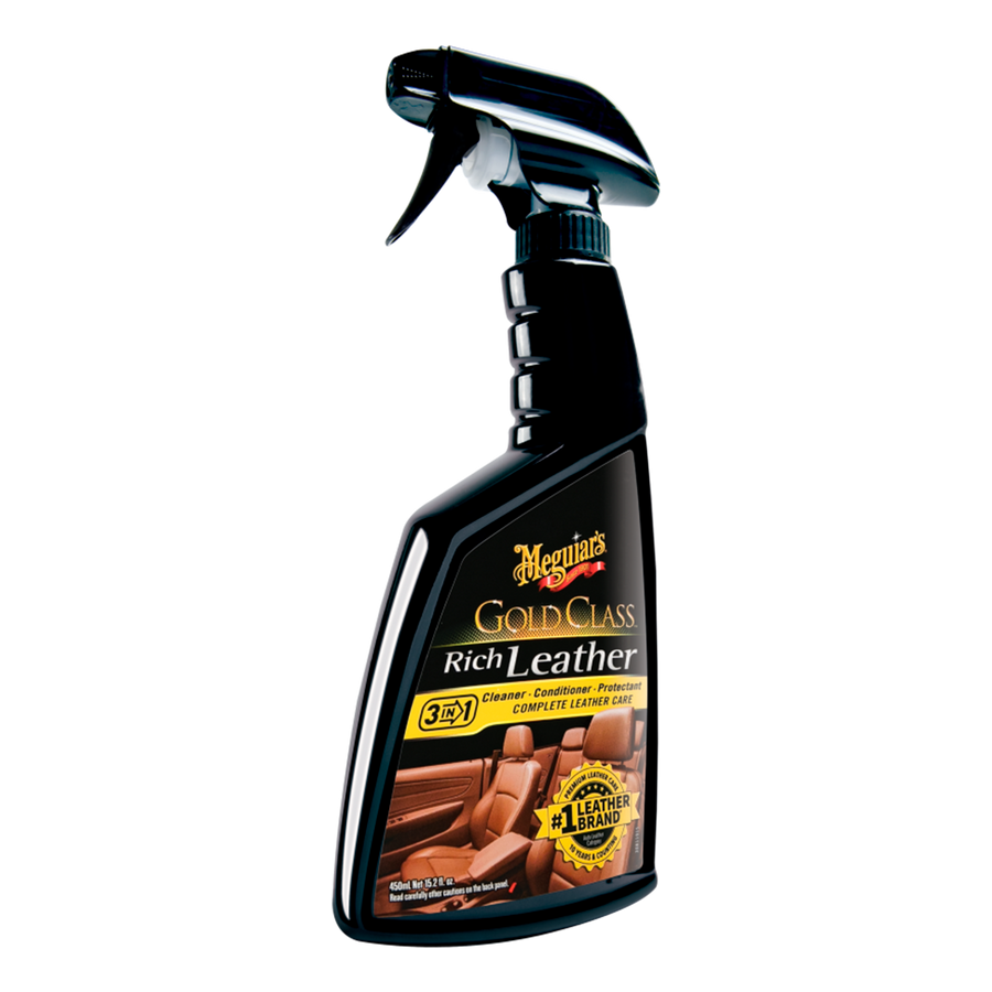 Gold Class Rich Leather Spray limpia, acondiciona y protege el cuero del auto en un solo paso. Acabado natural, no graso y con protección UV duradera.