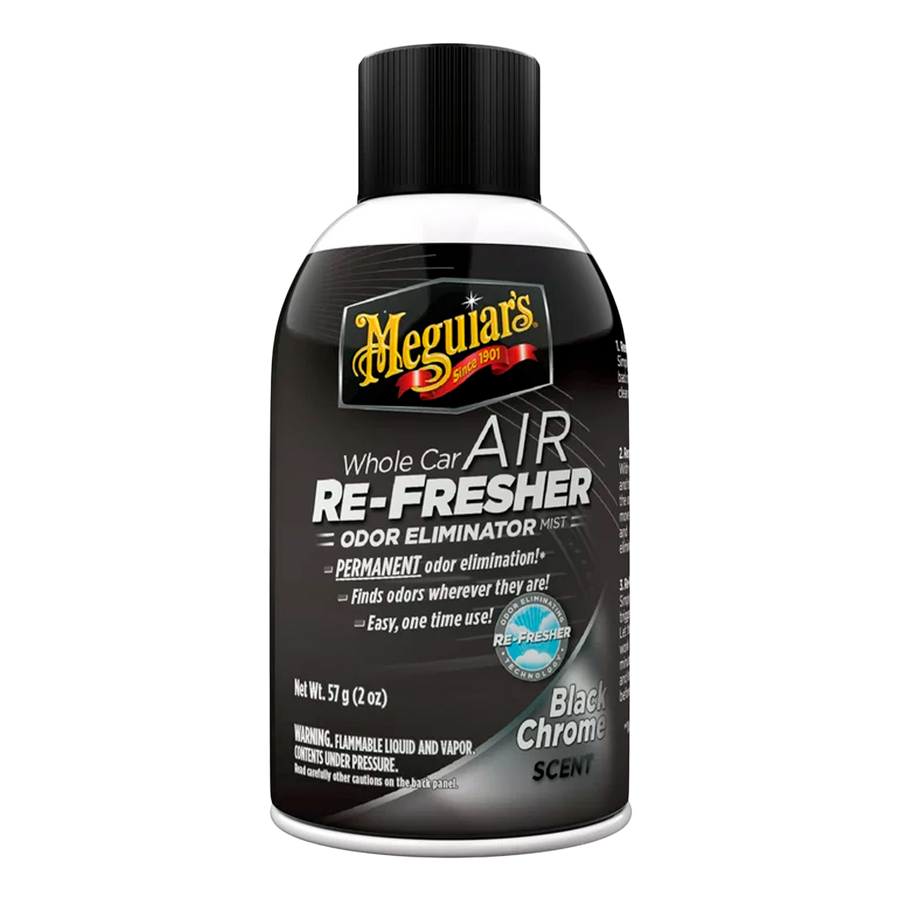 Elimina olores de forma permanente y deja un aroma intenso con Meguiar’s Air Re-Fresher Black Chrome. Aplicación en un solo paso para todo el auto.