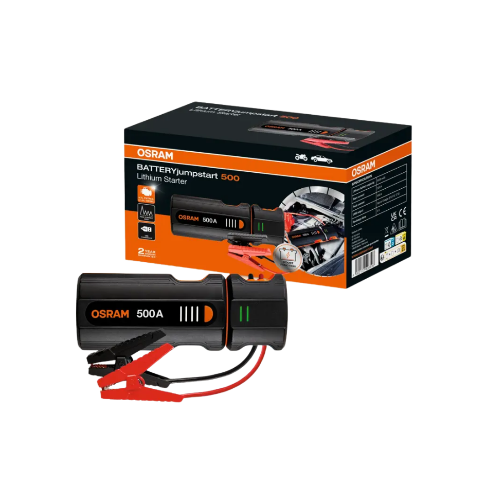 iniciador de batería, jump starter osram, arrancador portátil, cargador batería auto, osram 500A, batería 12V auto, arrancador seguro