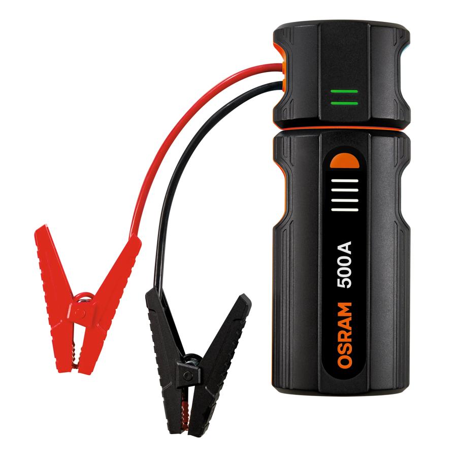 iniciador de batería, jump starter osram, arrancador portátil, cargador batería auto, osram 500A, batería 12V auto, arrancador seguro