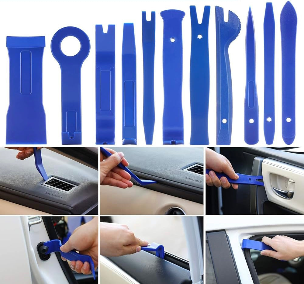 juego saca pines, kit desmontar molduras auto, herramientas nailon para carro, set clips paneles, herramientas para interiores de auto, remover molduras sin dañar, herramientas automotrices, desmontar estéreo sin rayar, extractor de clips, herramientas plásticas auto, juego para tapicería auto, kit herramientas carro, herramientas desmontar molduras