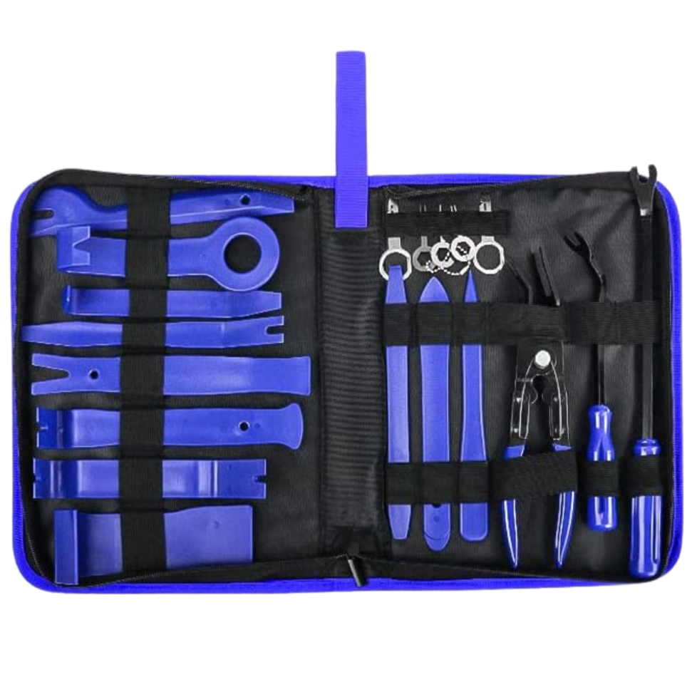 juego saca pines, kit desmontar molduras auto, herramientas nailon para carro, set clips paneles, herramientas para interiores de auto, remover molduras sin dañar, herramientas automotrices, desmontar estéreo sin rayar, extractor de clips, herramientas plásticas auto, juego para tapicería auto, kit herramientas carro, herramientas desmontar molduras