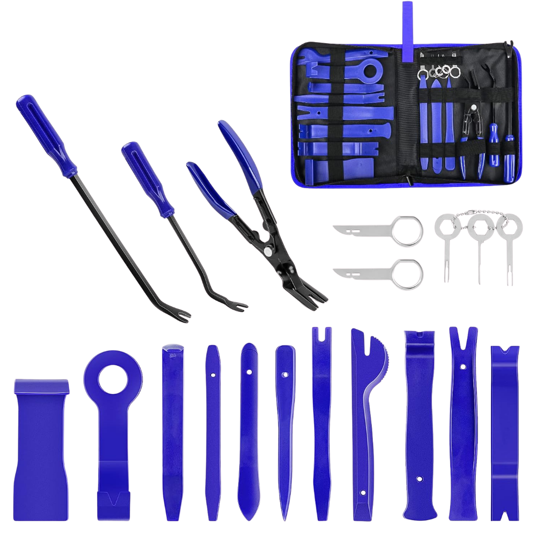 juego saca pines, kit desmontar molduras auto, herramientas nailon para carro, set clips paneles, herramientas para interiores de auto, remover molduras sin dañar, herramientas automotrices, desmontar estéreo sin rayar, extractor de clips, herramientas plásticas auto, juego para tapicería auto, kit herramientas carro, herramientas desmontar molduras