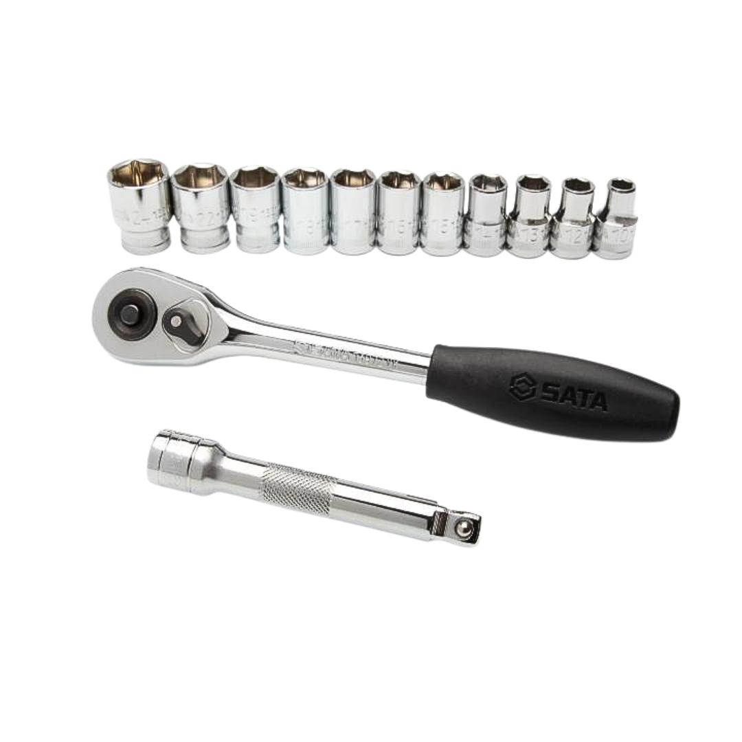 juego de copas sata, copas 13 piezas, ratchet liberación rápida, herramienta mecánica profesional, copas 6 puntos, wobble extension, copas anticorrosión, copas cromadas, herramientas de precisión, copas con marcación grande, ratchet perfil bajo, herramienta para automotriz, set de dados sata, copas mecánicas, herramientas de taller