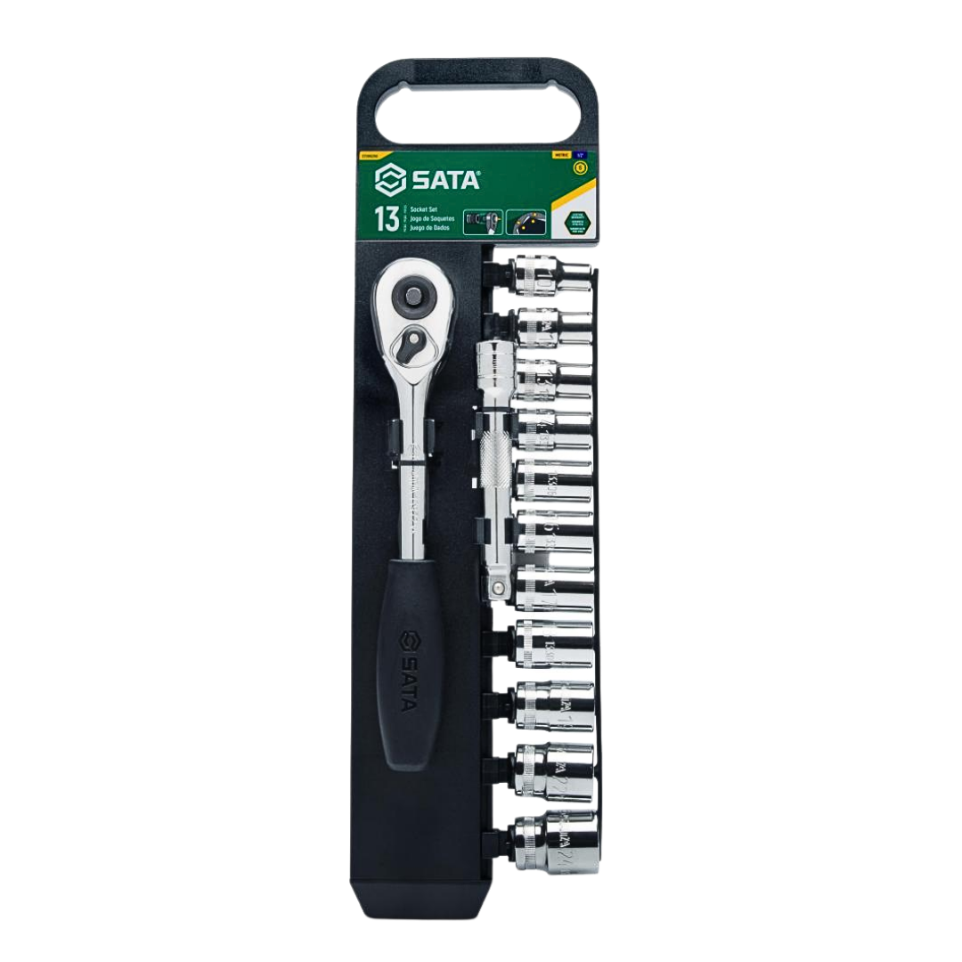 juego de copas sata, copas 13 piezas, ratchet liberación rápida, herramienta mecánica profesional, copas 6 puntos, wobble extension, copas anticorrosión, copas cromadas, herramientas de precisión, copas con marcación grande, ratchet perfil bajo, herramienta para automotriz, set de dados sata, copas mecánicas, herramientas de taller