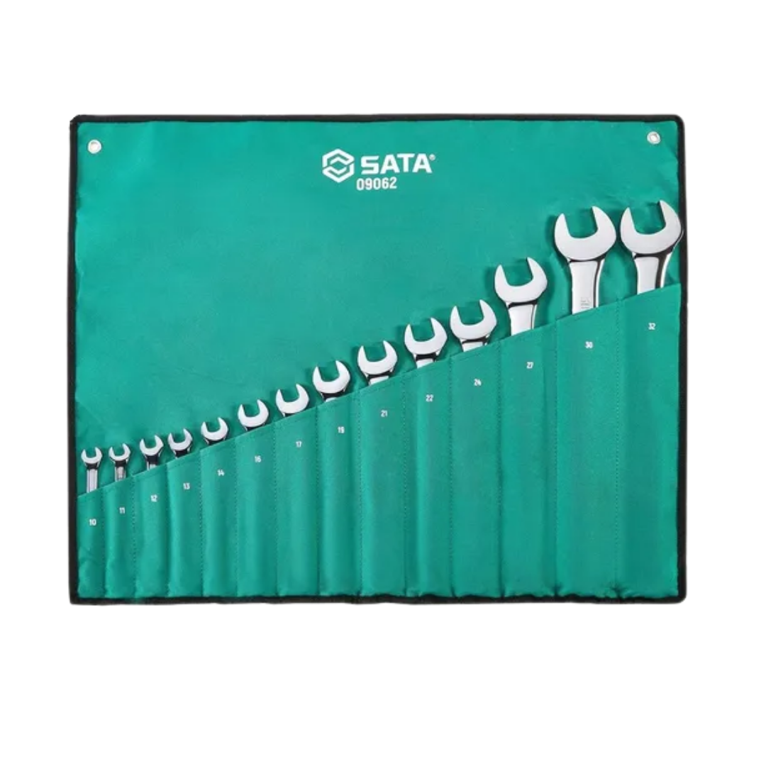 juego de llaves mixtas sata, llaves combinadas 10mm a 32mm, set de llaves sata 14 piezas, herramientas cromo vanadio, llaves con surface drive, llaves profesionales automotrices, set de llaves con lona, llaves mecánicas resistentes, llaves fijas y estriadas, herramientas SATA, llaves con acabado mate, juego de llaves mixtas resistentes