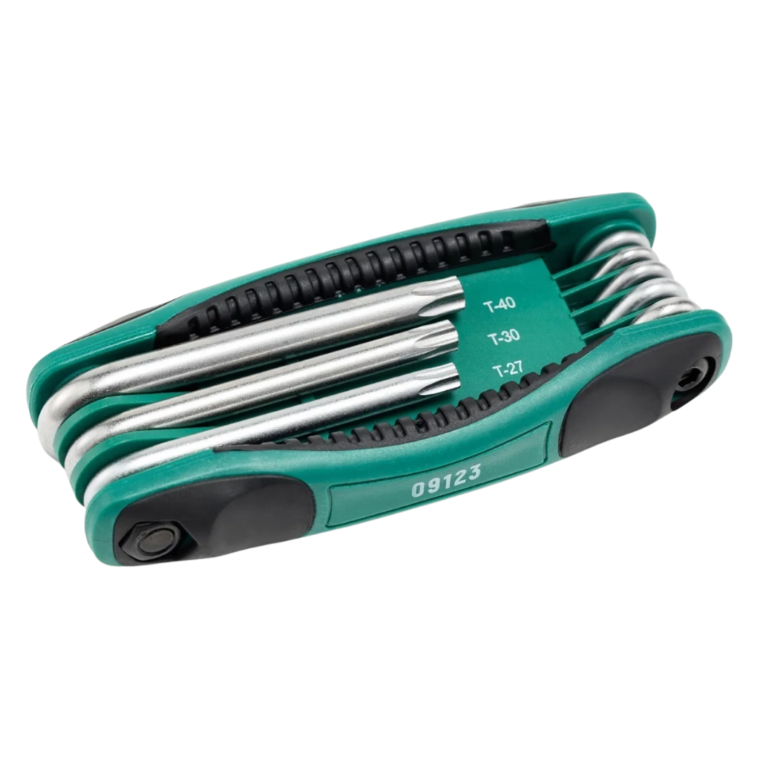 llaves torx sata, juego de torx plegables, torx 8 piezas, llaves estrella SATA, herramientas automotrices, torx profesional, torx acero aleado, torx con empuñadura, llaves torx industriales, llaves SATA con garantía, torx ergonómicas, torx punta biselada, llaves torx organizadas