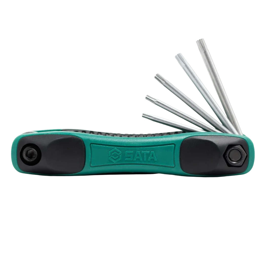 llaves torx sata, juego de torx plegables, torx 8 piezas, llaves estrella SATA, herramientas automotrices, torx profesional, torx acero aleado, torx con empuñadura, llaves torx industriales, llaves SATA con garantía, torx ergonómicas, torx punta biselada, llaves torx organizadas