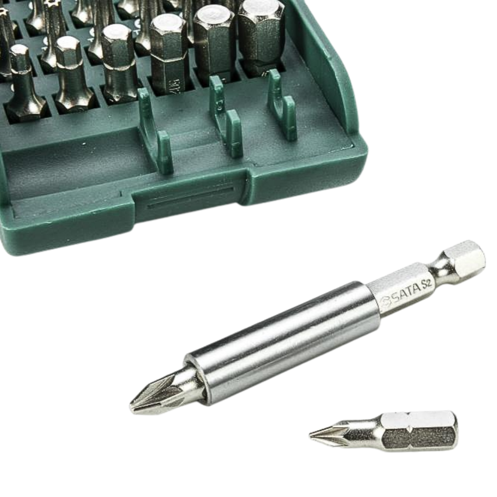 juego de puntas sata, puntas 31 piezas, puntas acero S-2, puntas imantadas, adaptador magnético 1/4, puntas torx, puntas phillips, puntas allen, herramientas profesionales, puntas pozidrive, puntas de alta dureza, estuche de puntas, maletín de puntas, puntas para taladro, puntas para destornillador