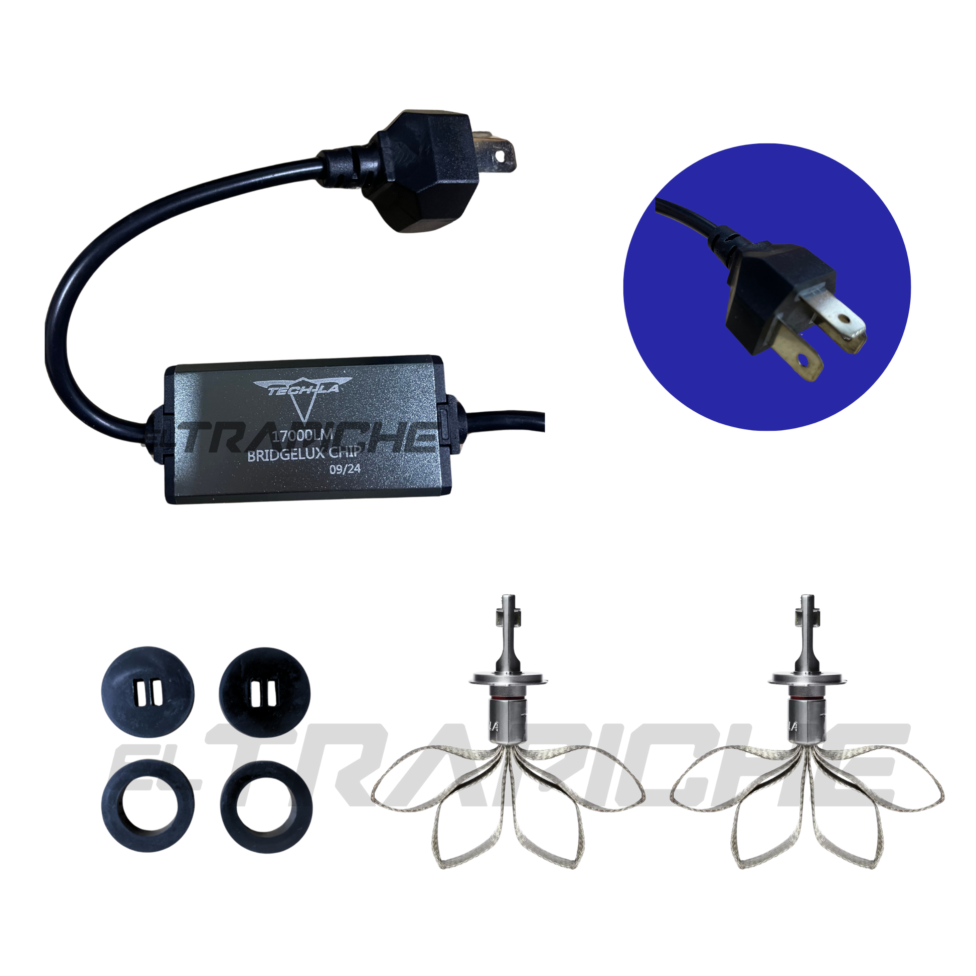 Kit de bombillos H4 LED Tech-La de 17,000 lumens para máxima visibilidad. Iluminación potente, luz blanca 6500K, bajo consumo y alta durabilidad. ¡Mejora tu camino!