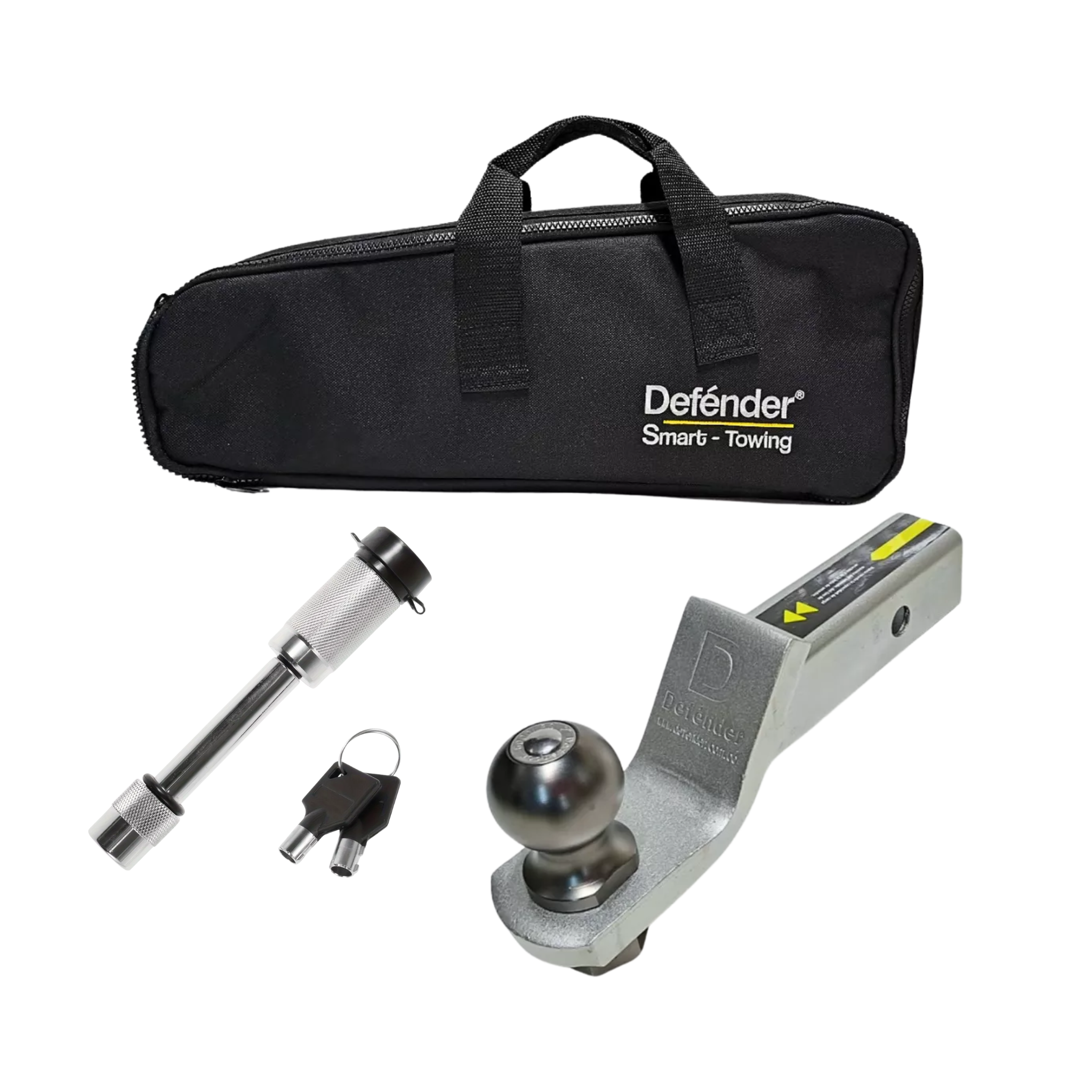 Kit Lengüeta Defender con bola 2”, capacidad de arrastre 6000 lb. Incluye pin con llave, maletín y sistema antirotación. Fácil de instalar.

