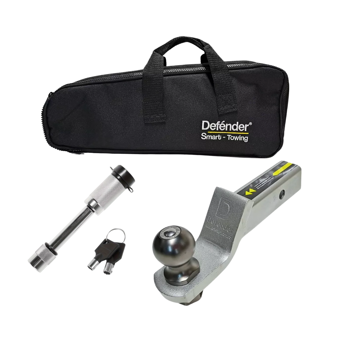 Kit Lengüeta Defender con bola 2”, capacidad de arrastre 6000 lb. Incluye pin con llave, maletín y sistema antirotación. Fácil de instalar.


