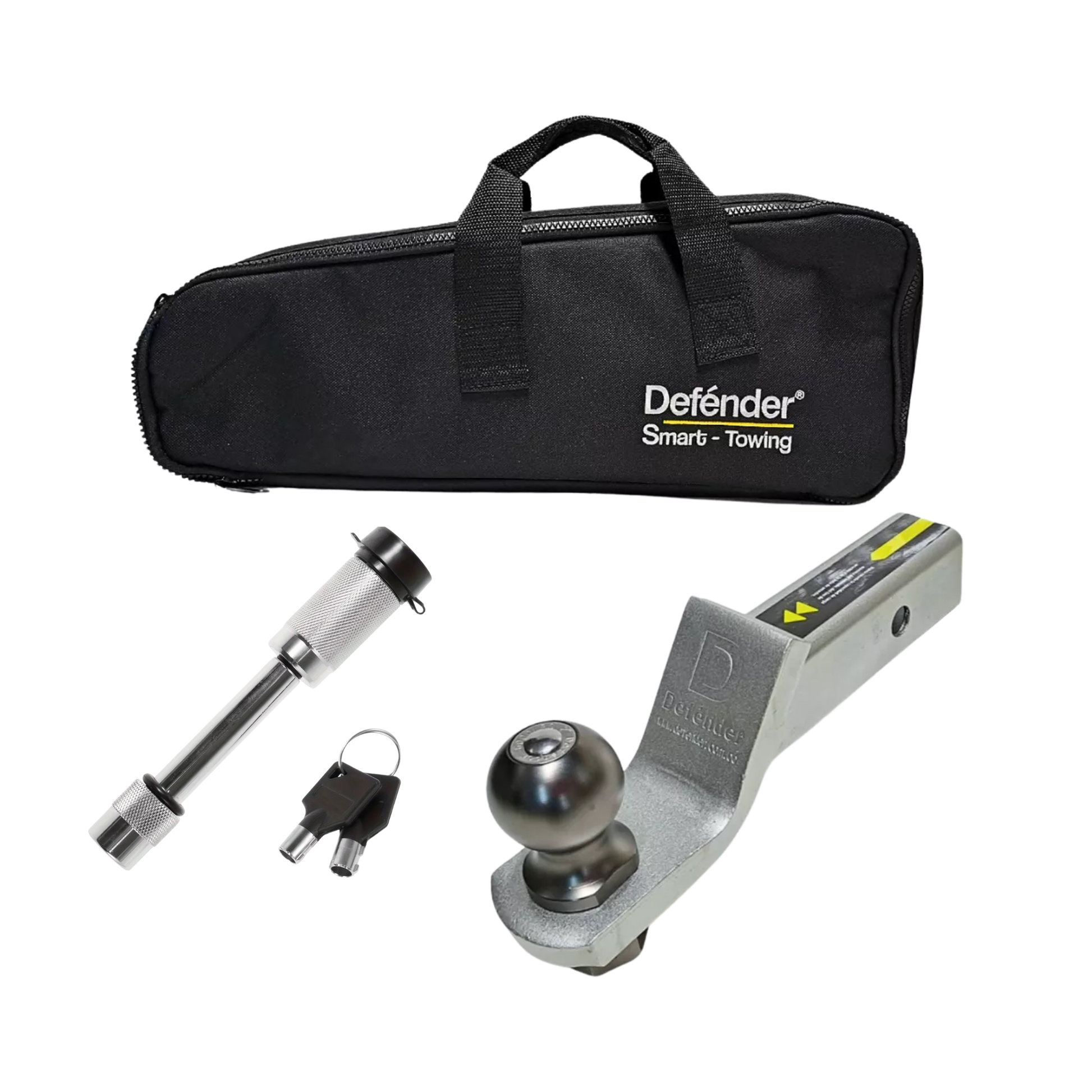 Kit Lengüeta Defender con bola 2”, capacidad de arrastre 6000 lb. Incluye pin con llave, maletín y sistema antirotación. Fácil de instalar.

