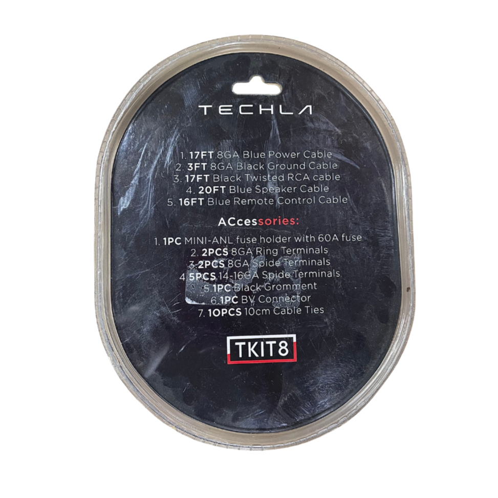 kit amplificador, cableado auto, techla, tkit8, 8ga power kit, sonido carro, cables para amplificador, accesorios car audio, instalación amplificador, sistema de sonido automotriz