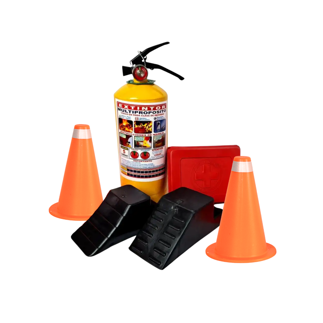 Kit de carretera con extintor, conos, kit de emergencia y topes de freno. Esencial para la seguridad vial, protección del conductor y pasajeros en cualquier viaje.