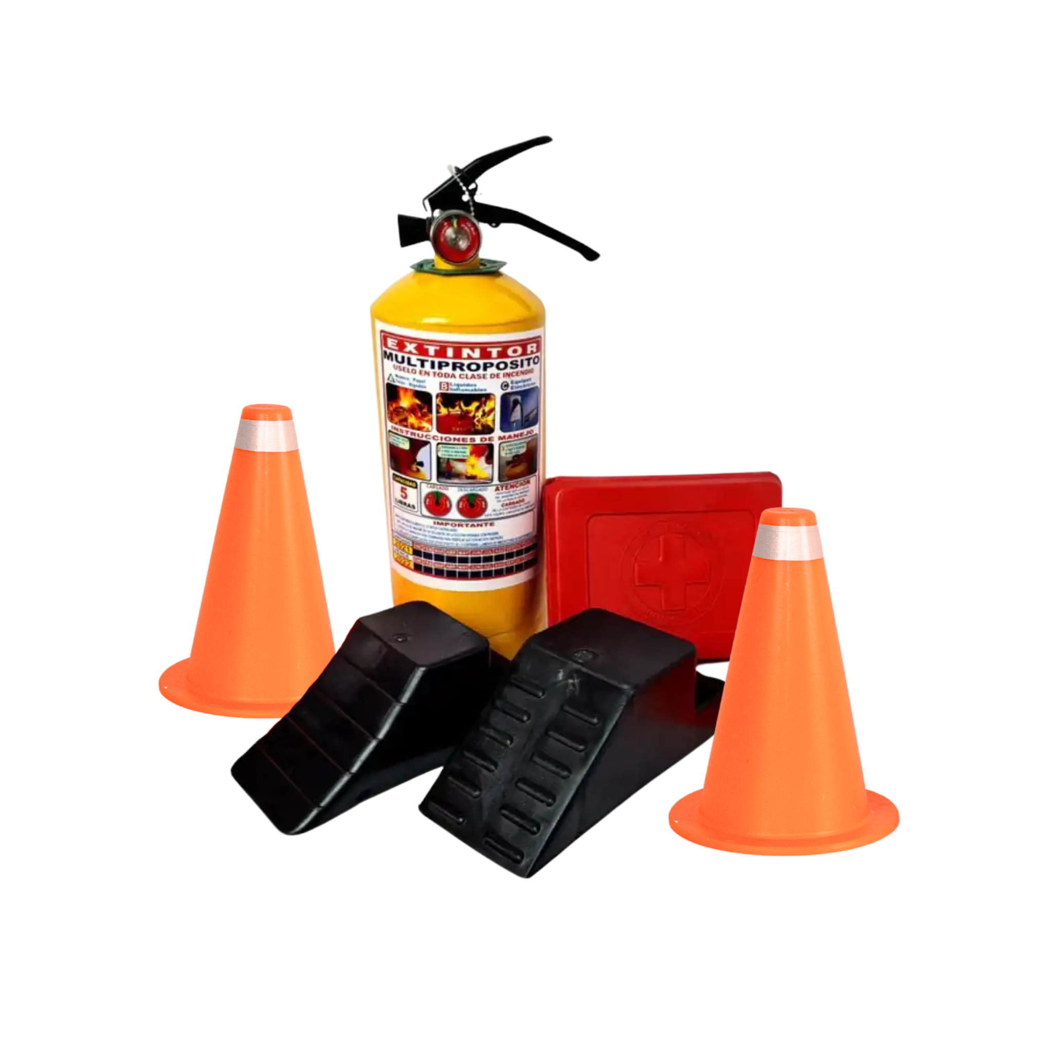 Kit de carretera con extintor, conos, kit de emergencia y topes de freno. Esencial para la seguridad vial, protección del conductor y pasajeros en cualquier viaje.