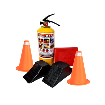 Kit de carretera con extintor, conos, kit de emergencia y topes de freno. Esencial para la seguridad vial, protección del conductor y pasajeros en cualquier viaje.