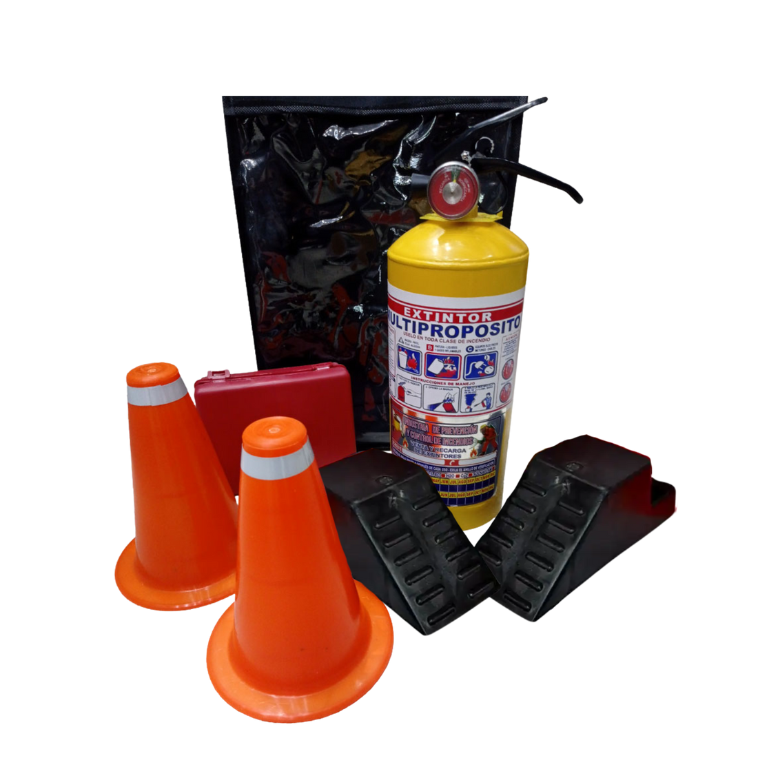 Kit de carretera con extintor, conos, kit de emergencia y topes de freno. Esencial para la seguridad vial, protección del conductor y pasajeros en cualquier viaje.
