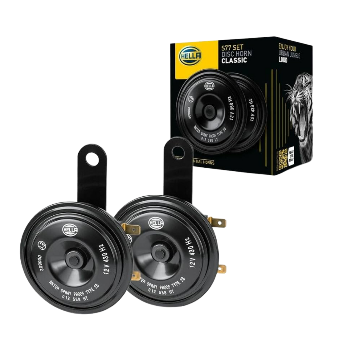Kit de bocina de disco Hella 12V negro (x2). Pitos potentes y duraderos, sonido claro y fuerte. Ideales para mejorar la seguridad en carretera.