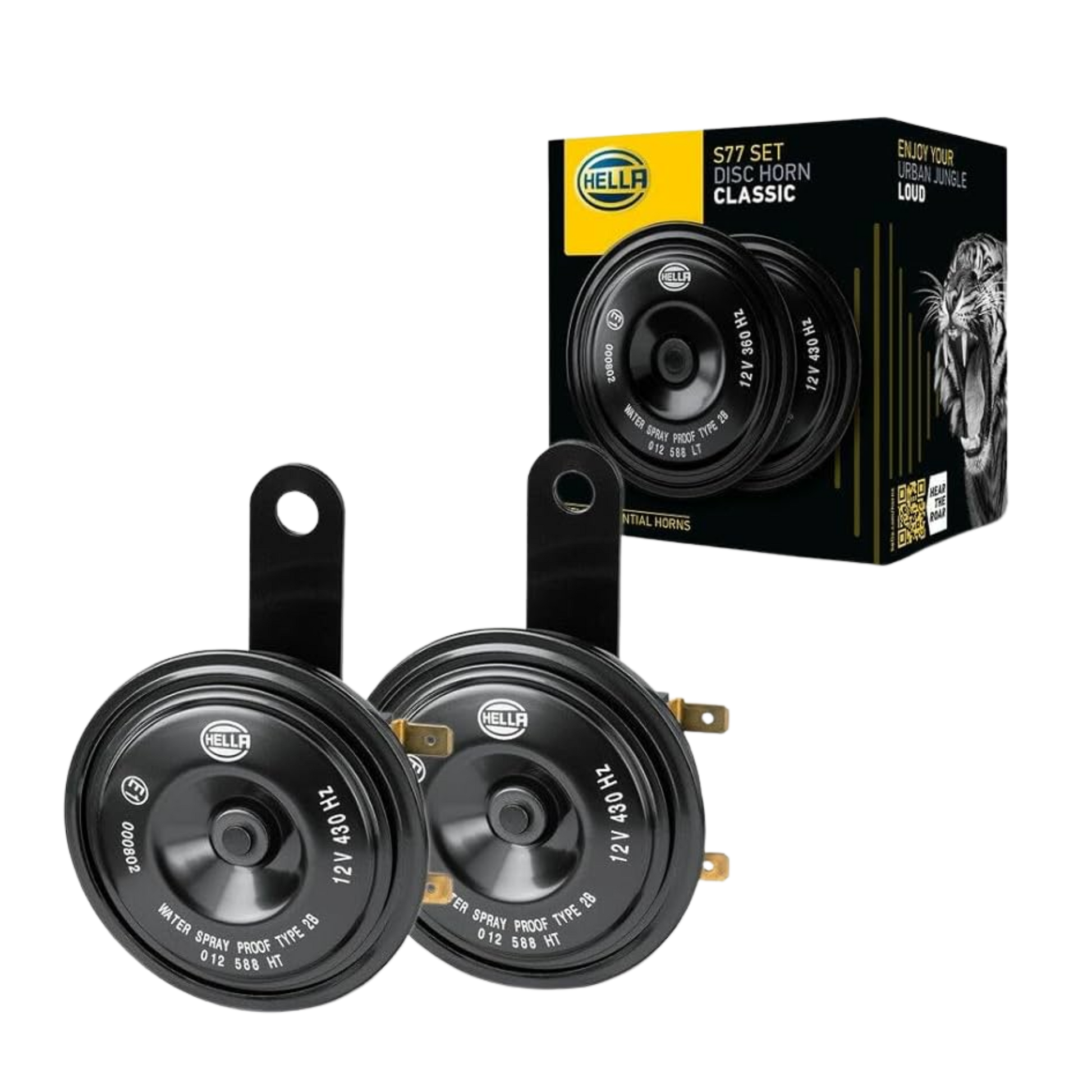 Kit de bocina de disco Hella 12V negro (x2). Pitos potentes y duraderos, sonido claro y fuerte. Ideales para mejorar la seguridad en carretera.