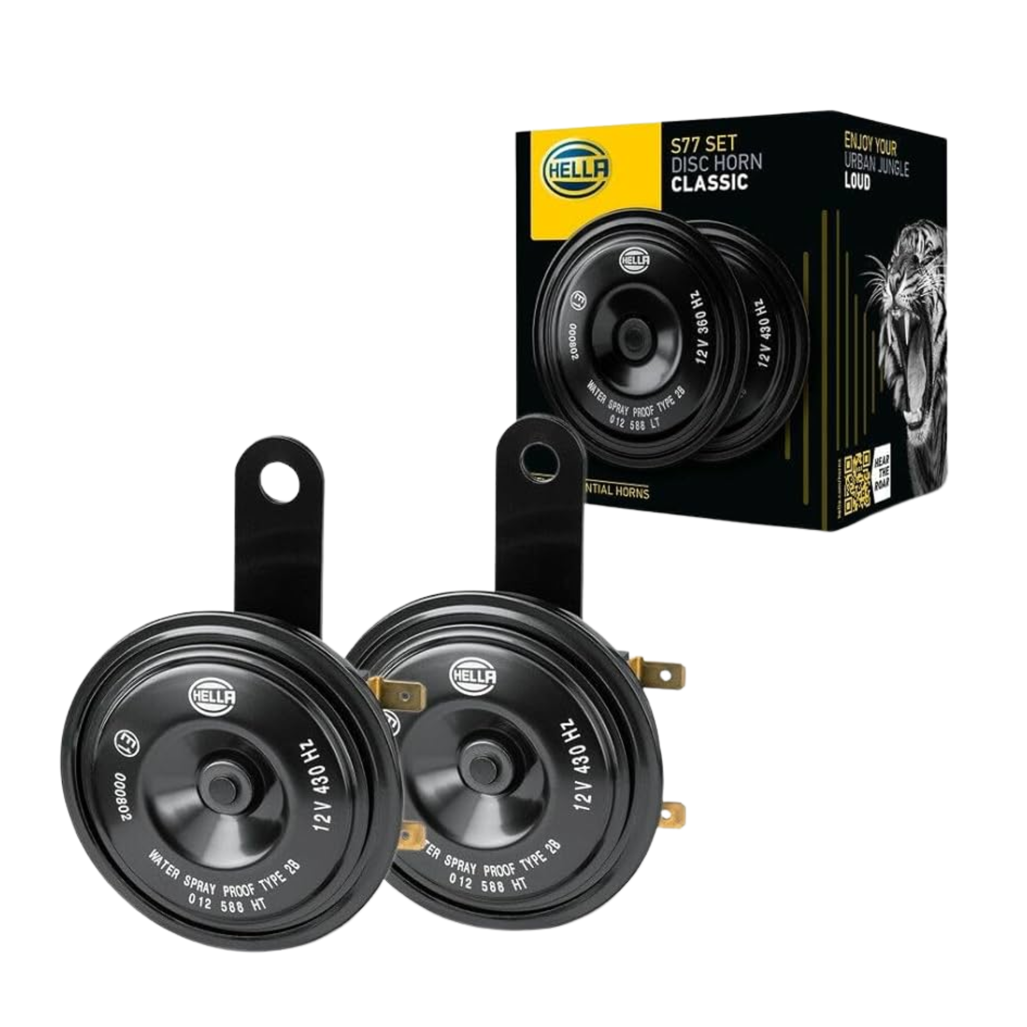 Kit de bocina de disco Hella 12V negro (x2). Pitos potentes y duraderos, sonido claro y fuerte. Ideales para mejorar la seguridad en carretera.