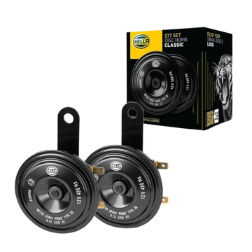 Kit de bocina de disco Hella 12V negro (x2). Pitos potentes y duraderos, sonido claro y fuerte. Ideales para mejorar la seguridad en carretera.