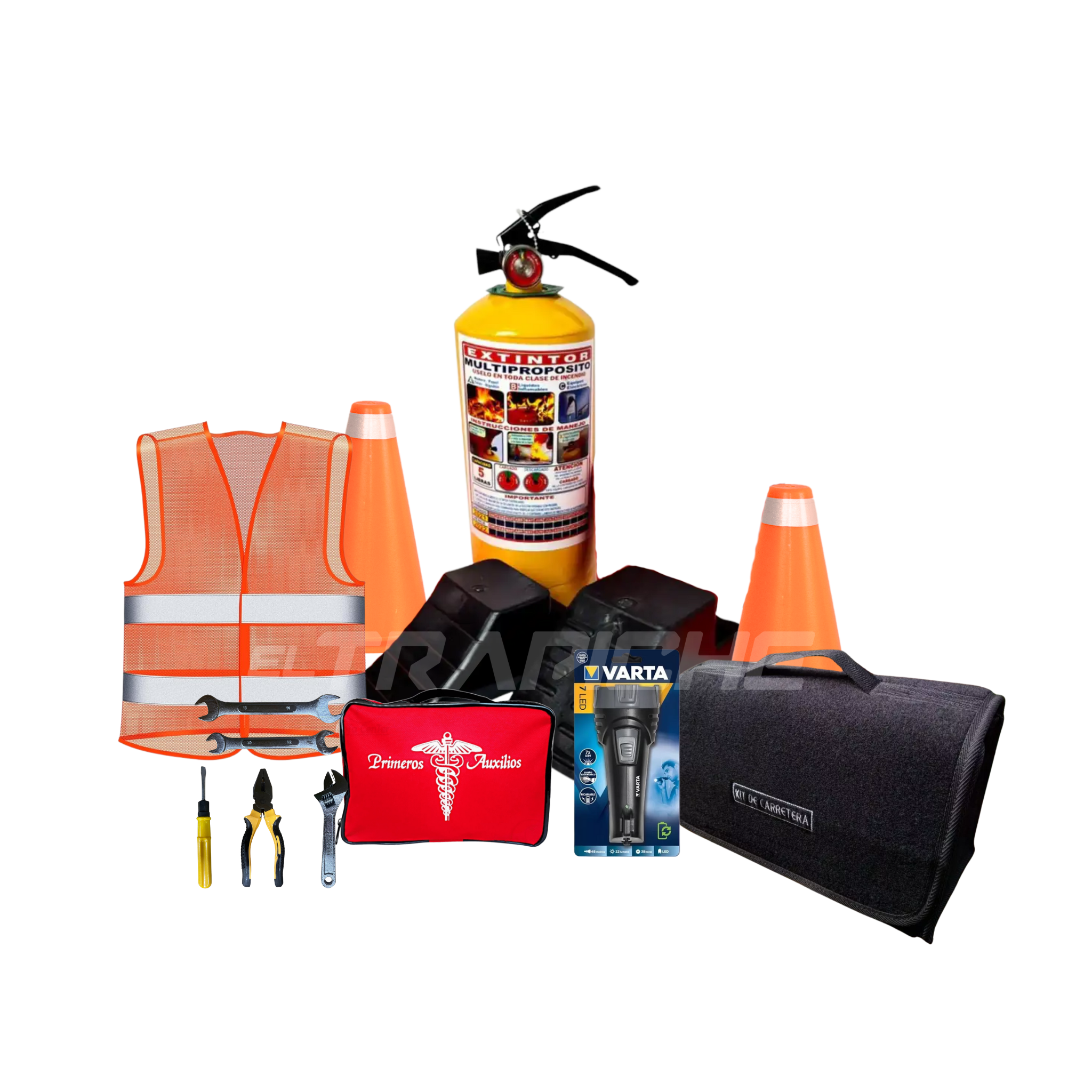 Kit de carretera completo con extintor 5 lb, chaleco, conos, topes, kit de emergencia, herramientas, linterna y más. Cumple con normas de seguridad vial.
