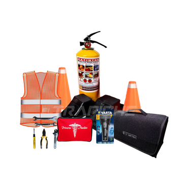 Kit de carretera completo con extintor 5 lb, chaleco, conos, topes, kit de emergencia, herramientas, linterna y más. Cumple con normas de seguridad vial.