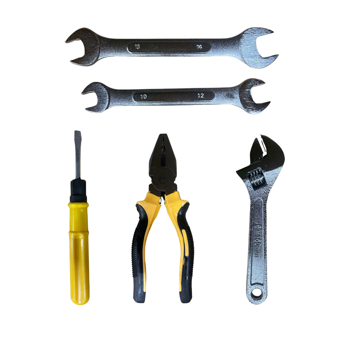 Kit de herramientas esenciales para mantenimiento y reparación de autos. Incluye llave ajustable, llaves fijas, alicate, destornillador y más. Resistente y práctico.