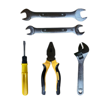 Kit de herramientas esenciales para mantenimiento y reparación de autos. Incluye llave ajustable, llaves fijas, alicate, destornillador y más. Resistente y práctico.