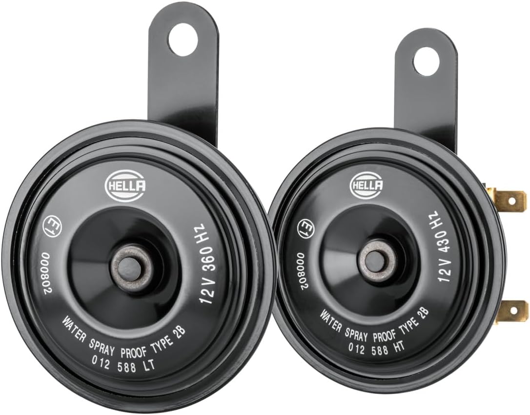 Kit de bocina de disco Hella 12V negro (x2). Pitos potentes y duraderos, sonido claro y fuerte. Ideales para mejorar la seguridad en carretera.