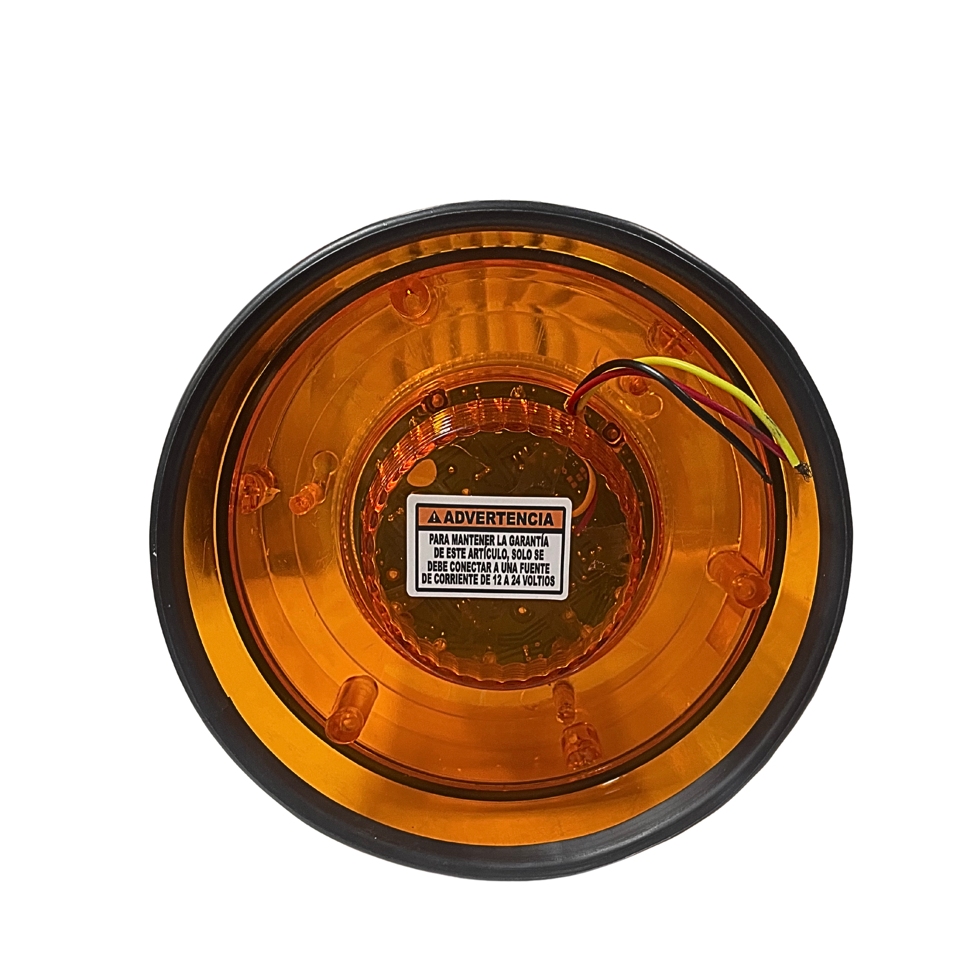 Licuadora ámbar 12–24V, bajo consumo (1A). Alta visibilidad y durabilidad. Ideal para seguridad vial y vehículos de servicio.