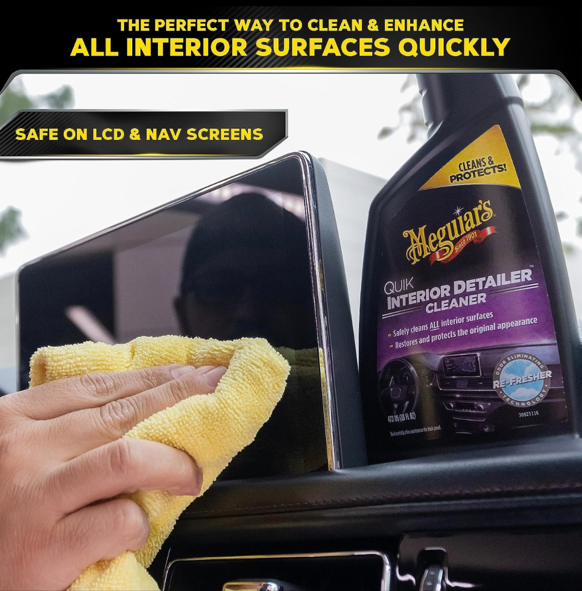 Meguiar’s Quik Interior Detailer limpia y protege rápidamente todas las superficies interiores del auto, dejando un acabado sin grasa y aroma fresco.