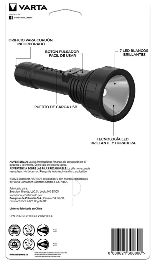 linterna varta, linterna recargable, linterna led, linterna 150 lúmenes, luz de emergencia, linterna usb, linterna portátil, linterna camping, linterna potente, herramientas