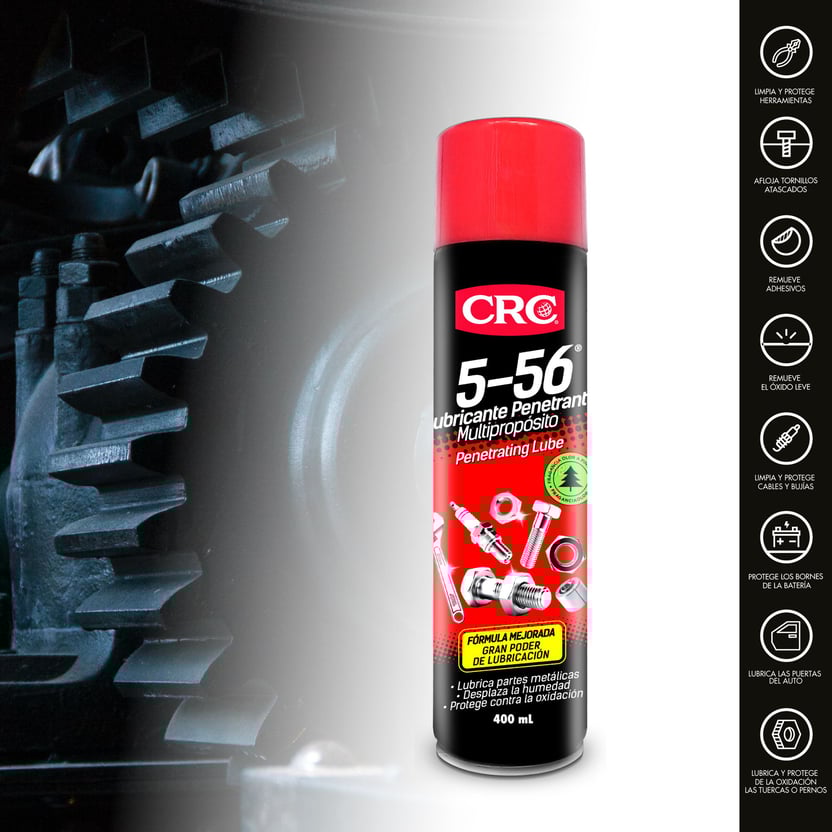 Lubricante penetrante 5-56 multiusos. Afloja piezas oxidadas, elimina ruidos y protege contra la corrosión. Ideal para uso automotriz e industrial.