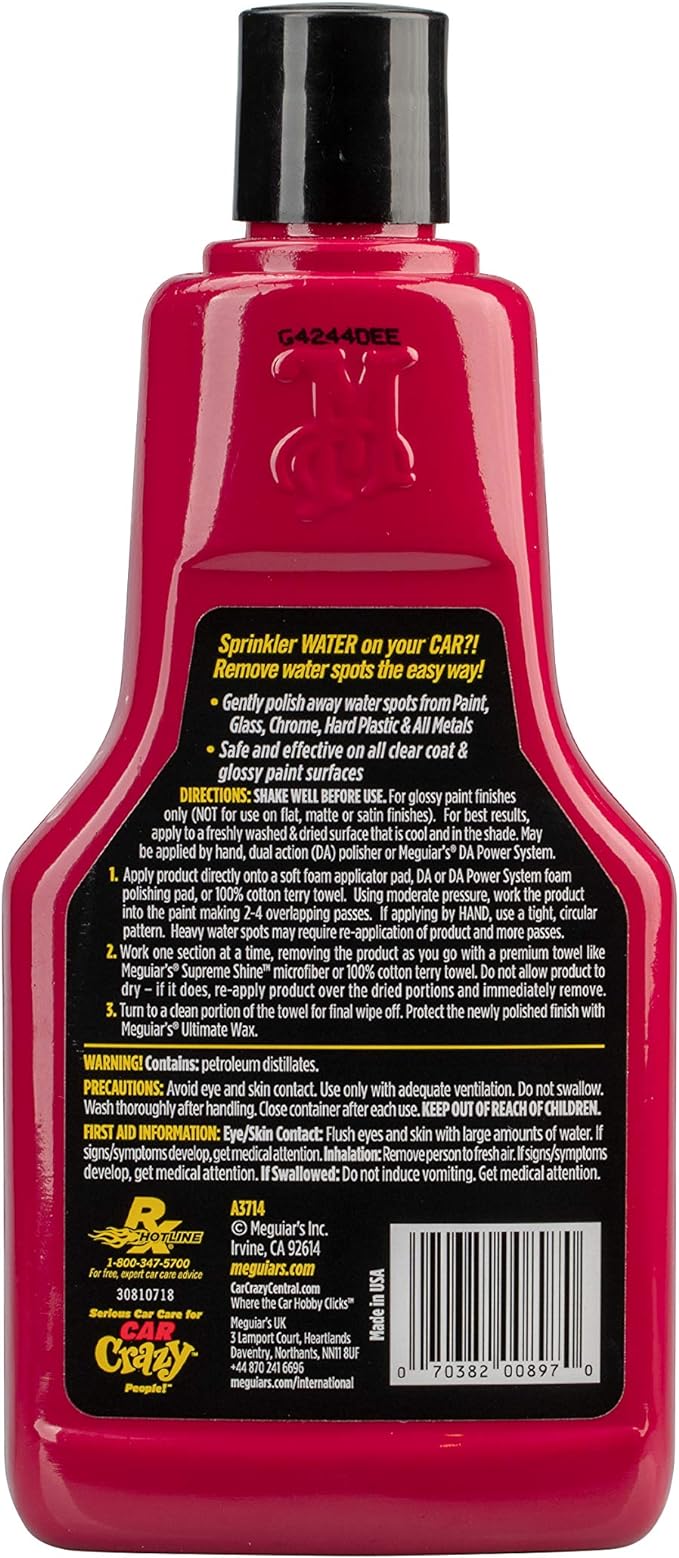 Elimina manchas de agua dura en pintura, vidrio y cromo con Water Spot Remover de Meguiar’s. Recupera el brillo sin dañar la superficie.