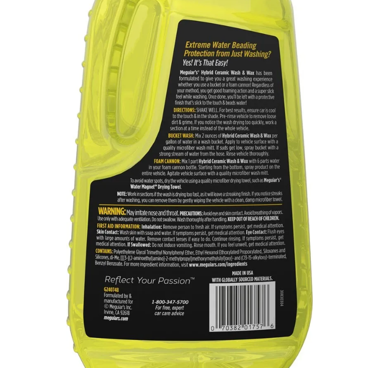 Hybrid Ceramic Wash Wax es un shampoo que limpia y da protección cerámica a la pintura del auto. Deja la superficie mas resbalosa, lo que hace que la limpieza sea fácil y rápido.