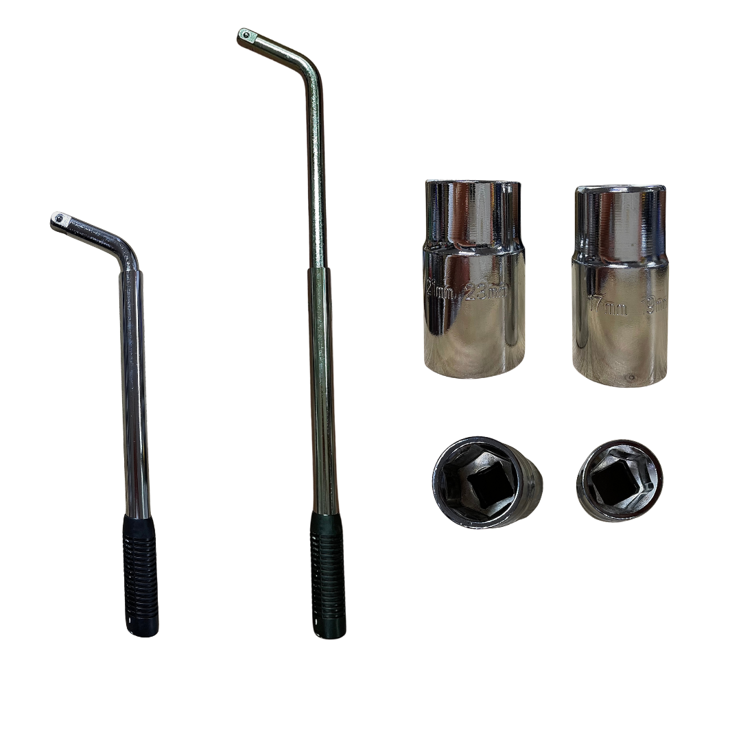 palanca en L para llantas, llave tipo L, llave de rueda doble copa, herramienta cambio llantas, copas 17mm 19mm 21mm 23mm, herramienta automotriz, llave para carro, palanca con doble copa, llave para tuercas de llanta, herramienta de emergencia automotriz, llave cruz tipo L