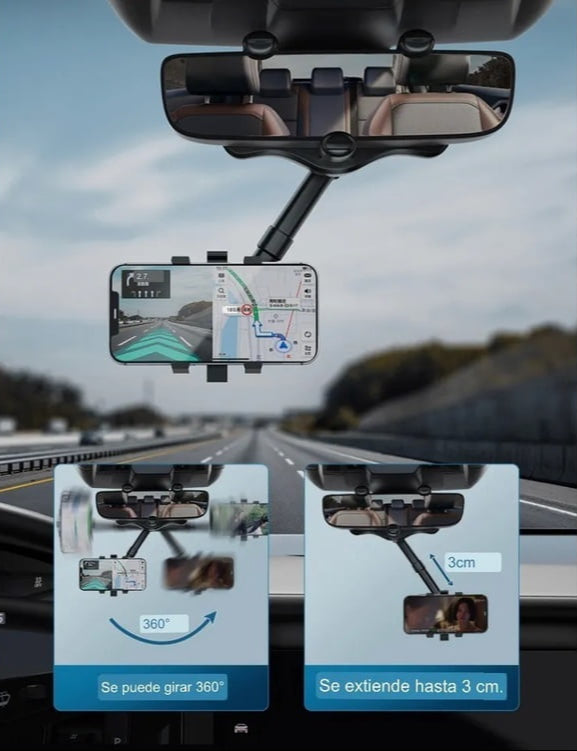 porta celular, soporte para celular, retrovisor, soporte auto, accesorios para carro, manos libres, GPS, soporte espejo retrovisor, conducción segura, base celular carro