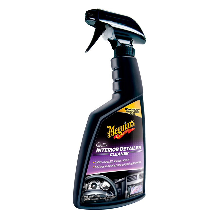 Meguiar’s Quik Interior Detailer limpia y protege rápidamente todas las superficies interiores del auto, dejando un acabado sin grasa y aroma fresco.
