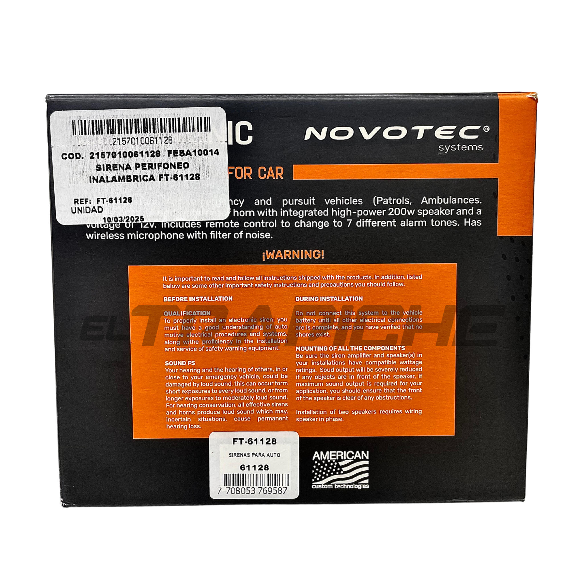 Sirena de perifoneo inalámbrica Novotec de 200W con 7 modos de alarma. Ideal para alertas sonoras y comunicación eficiente en emergencias o seguridad.