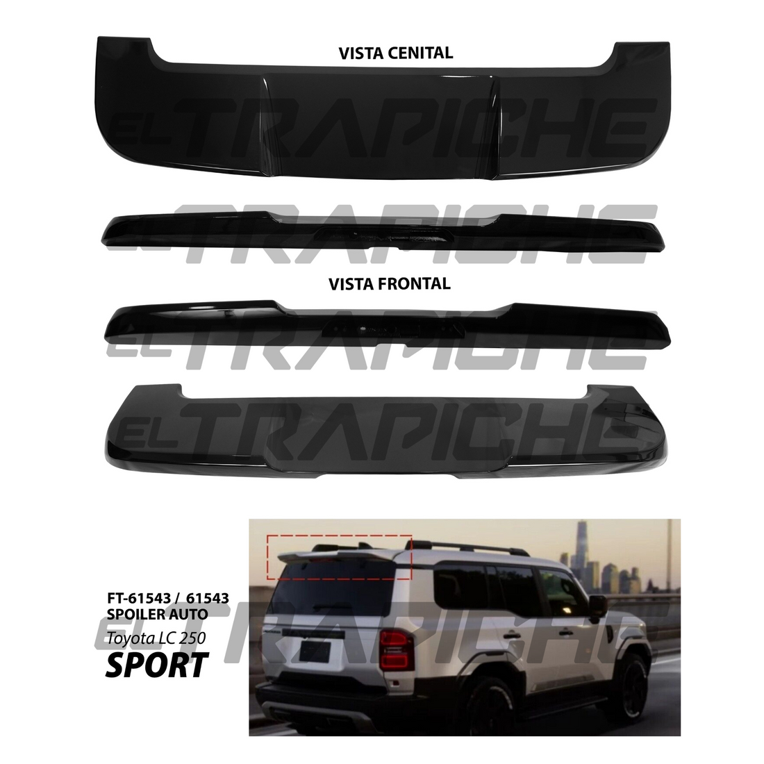 Spoiler para Toyota Prado 250 TX, diseñado para mejorar la estética y aerodinámica. Fabricado con materiales resistentes, fácil instalación y ajuste perfecto a la carrocería.